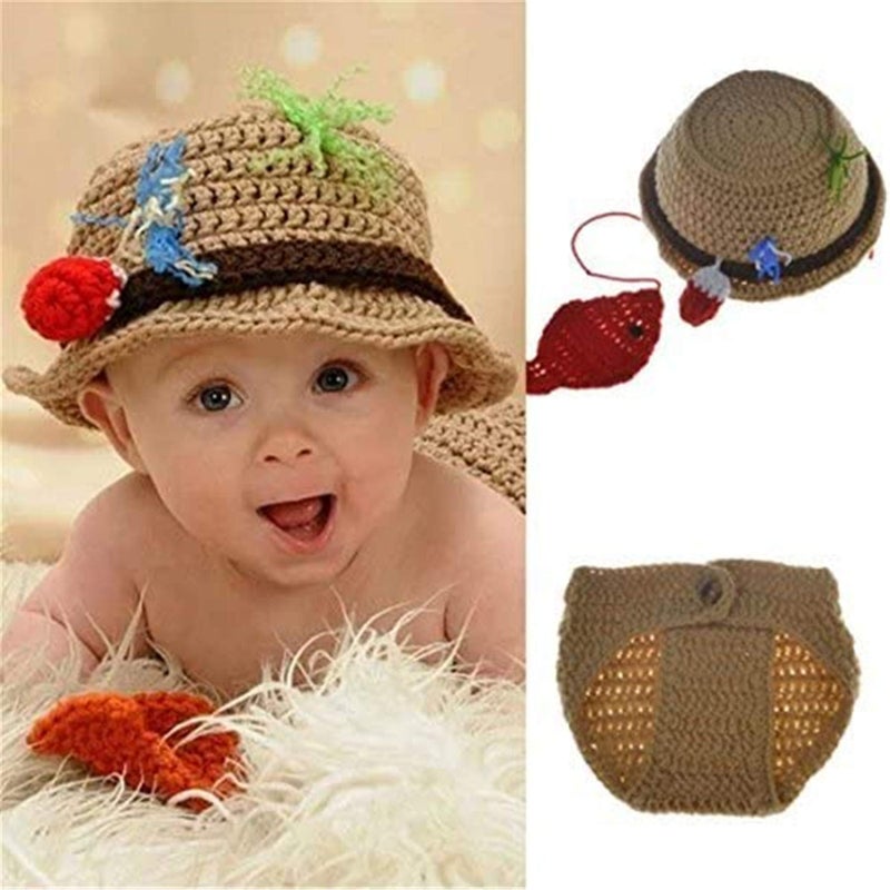 A-cool Newborn Photography Props Baby Photo Outfits Crochet Fishing Fisherman & Fish Hat Diaper ï¼ˆ0-12 Monthsï¼‰ - Image 3